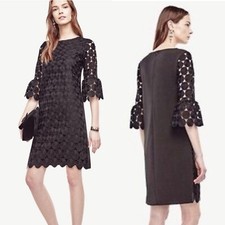 Ann Taylor NWT black 12 Circle Lace eyelet black long Bell sleeve dress Crochet