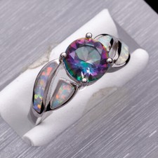 8mm Round Rainbow Mystic Topaz White Fire Opal Silver Jewelry Ring Size 7 8 9 10
