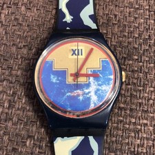 Vintage 1991 Swatch Blue Flamingo Watch 33mm Aztec Dial GN114 Green Gold Working