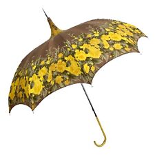 Vintage Hong Kong Yellow Brown Floral Pagoda Umbrella Leather Handle