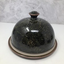 Unmarked Studio Pottery Stoneware Tenmoku/wax Resist Cheese Dome And Plate #2536
