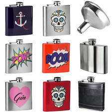 Brand New Hip Flask 6oz Stainless Steel Designer Skull Anchor Gin Sailor Gift UK