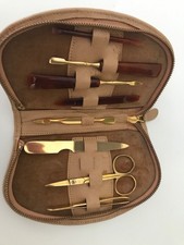 vintage real hide made in England manicure set tortoise shell