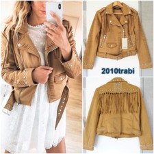ZARA CAMEL FAUX SUEDE BIKER JACKET WITH FRINGING & STUDS SIZE XS