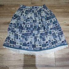 Monsoon Vintage Cotton Blue Nature Patch Pocket Gathered Lace Trim Skirt • 8/10