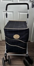 Genuine Sholley Trolley Navy check Shopping Aid Folding 6 Wheels With Cool Bag