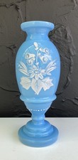 ANTIQUE VICTORIAN HAND PAINTED BLUE OPALINE GLASS VASE, JUST OVER 7”ins /18 cm H