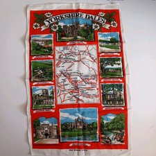 Yorkshire Dale's Old Bleach Linen Tea Towel Red With Map And Scenes