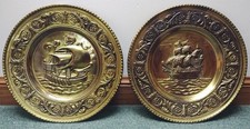 Pair 12" Brass Effect Plates Wall Hanging Nautical Ship Galleon Plaque Embossed