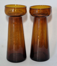PAIR OF MID CENTURY HAND BLOWN AMBER GLASS HYACINTH BULB VASES 7.5"