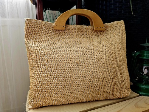 Woven straw tote bag - woven, wooden