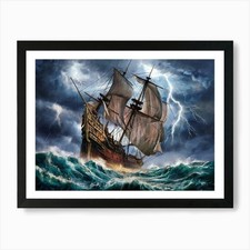 Galleon ship in stormy sea painting Framed Wall Art Poster Canvas Print Picture