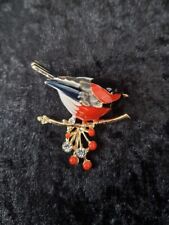 Enamel Robin Brooch With Gold Colour Branch And Rhinestones 