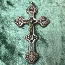 Antique Italian Micro Mosaic Crucifix Religious Christ Pendant Hand Cross 4 Inch