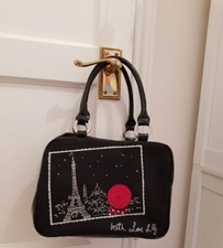 Lulu Guinness Black Jenny handbag Paris embroidered picture bag red lips lining