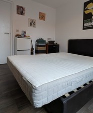 Wooden Bed Frame With Faux leather Headrest & HAFSLO IKEA King Size Mattress.