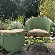 Sirrom Armchair & Storage Footstool, X-Frame, Lloyd Loom Style Vintage Furniture