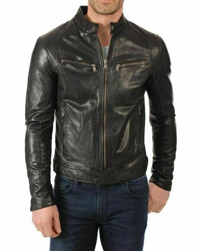 Men black leather jacket biker - leather,