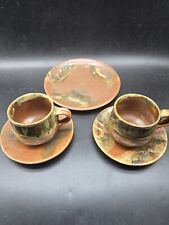  Pair Tea Cups Saucers And 1 Plate Mottled Brown Signed Lamorna Pottery Cornwall