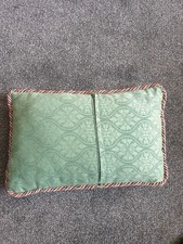 Hand embroidered small pillow with geese and cottage, green cotton backing