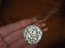 Solid sterling double sided artisan Moon disc pendant and chain