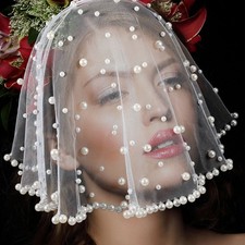 White Pearl Lace Bridal Veil Bride Short Cathedral Tulle Wedding Veils Cathedral