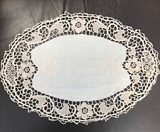 Vintage Oval Linen Embroidered Table Mat With Crochet Border Doily  15 x 10ins