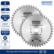 2 x TCT Circular Saw Blade 185mm x 40T x 20mm Bore (16mm ring) fits Evolution