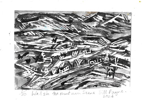 2026 linocut welsh mountain - linocut, "welsh