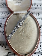 Antique  Art Deco 14K White Gold and Diamond Sapphire Bar Brooch