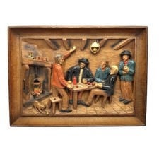Vintage French Carved Wood Wall Plaque Rustic Rural Scene, Arts & Crafts 1970s