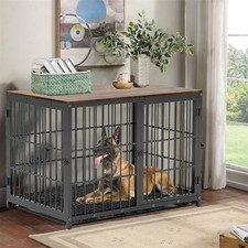 Industrial Metal Tube Dog Crate Decorative Pet Kennel House End Table w/ 3 Doors