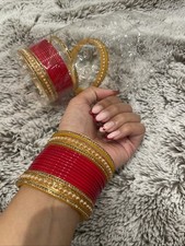 Womens Indian Red Rose Gold Diamonte Pearl Bangles Chura Style Set x22 