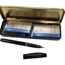 PARKER Fountain Pen Black Plastic Includes Ink Cartridges Tin Case TH