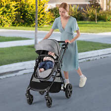 2-in-1 Foldable Infant Carriage w/Reversible Seat & Adjustable Canopy-Grey