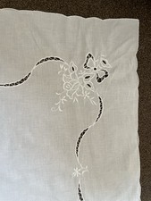 Vintage White Linen Embroidered Tablecloth 32x31 Inch Floral Design Shabby Chic