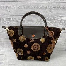 Longchamp Brown & Gold Velvet Velour Jacquard Tote Top Handle Bag PT