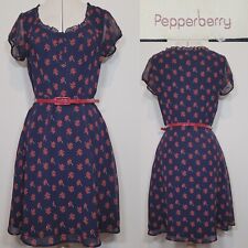 Pepperberry Dress Blue Red Floral Belted Size 10 Really Curvy