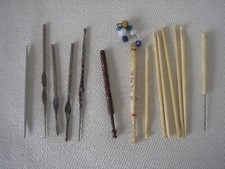 Mixed  Vintage   Bone, wood and metal    lace bobbins & crochet hook.    Jane
