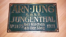 GERMAN LOCOMOTIVE WORKSPLATE: ARNOLD JUNG No.3175 / 1921   Excellent Condition