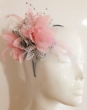 BESPOKE Silver Grey Baby Pink Fascinator on Headband Flower Corsage Ascot Races 