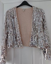 STUNNING RIVER ISLAND  Size MEDIUM 12 14 16 silver sequin tassle jacket NEW