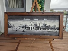 Large Original Contemp Grisaille Painting On Canvas "African Village" Signed.