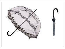 SOAKE Clear Dome Walking Stick Umbrella With Black Lace Effect Trim