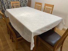 Vintage Retro White Damask Cotton Large Flowers Design Table Cloth 66” x 80”