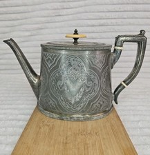 Art Deco Etched Pewrer Teapot with Bone Finial Stamped 34  4  4612  L25 x H14cm 