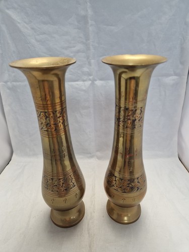 Pair brass vases etched - of,