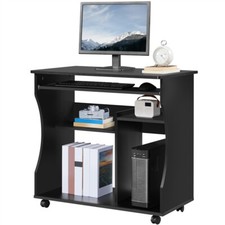 Computer Desk with Wheels & Shelves Black MDF for Office Home PC Laptop Study