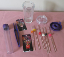 VACU VIN BOLS GLASS COCKTAIL SHAKER PURPLE LID MUDDLER & TONGS 6 RECIPE STICKS