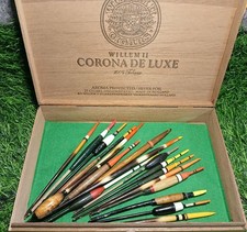 Eighteen Vintage Fishing Floats In An Old Cigar Box, Cork, Cane, Quil Etc...